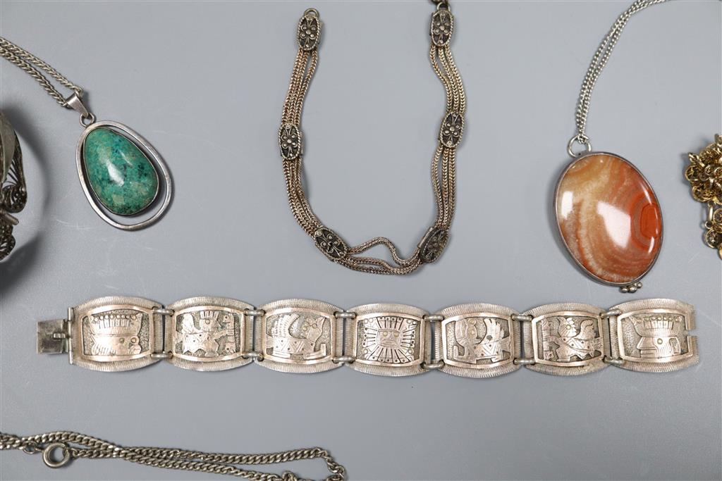 An Egyptianesque two colour white metal bracelet, filligree bracelet, necklaces etc.
